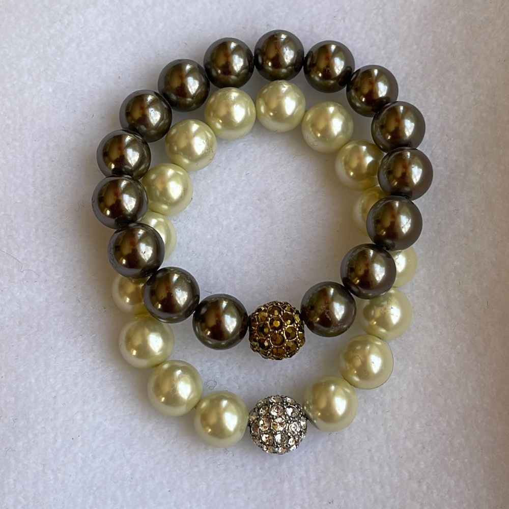 Set Of 2 Faux Pearl & Crystal Stretch Bracelets